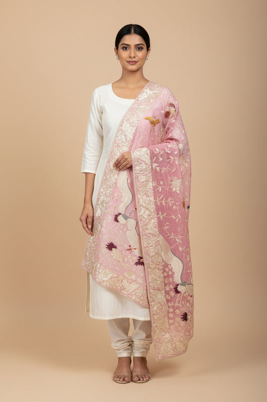 Handcrafted Baby Pink Parsi Gara Dupatta