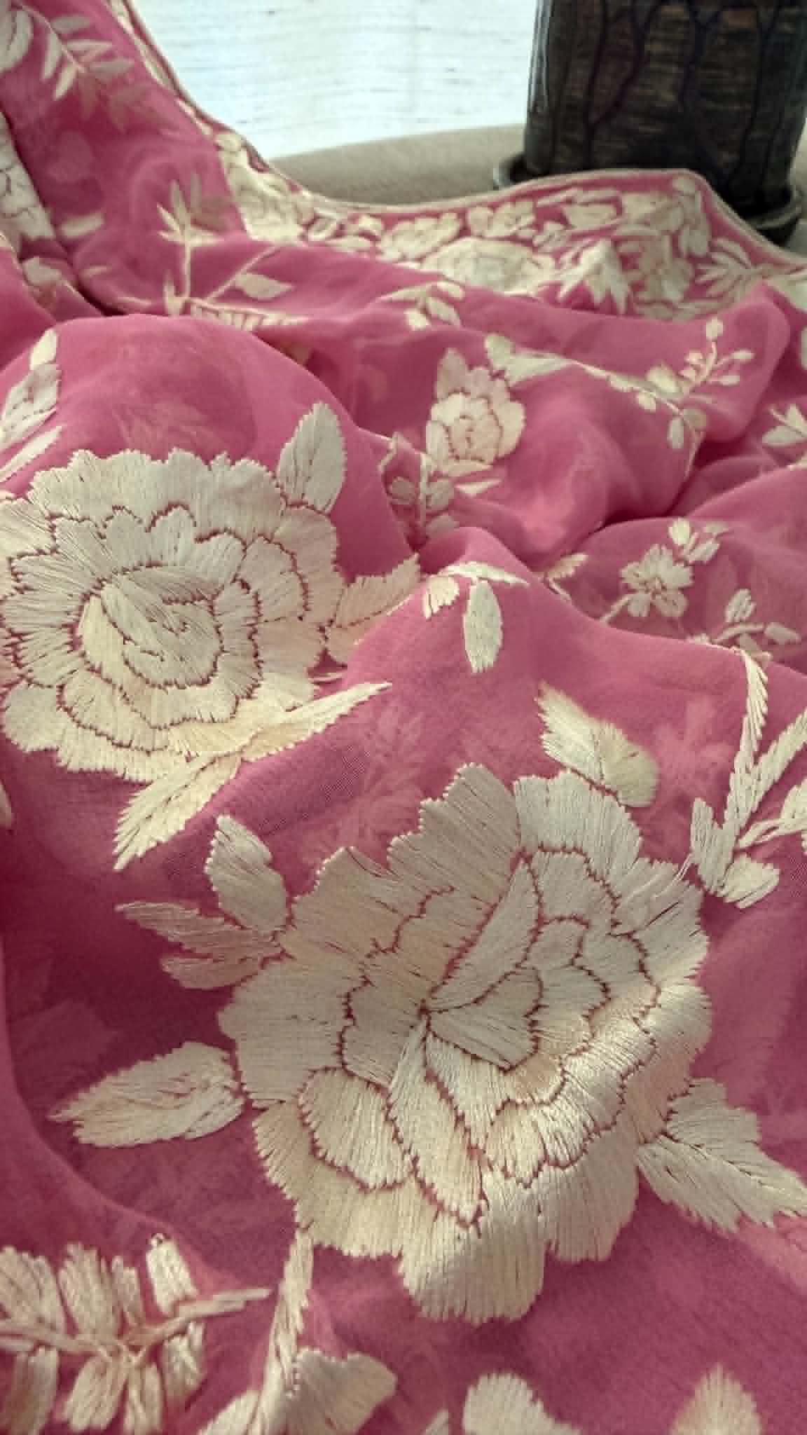 Elegant Pink & Ivory Parsi Gara Dupatta
