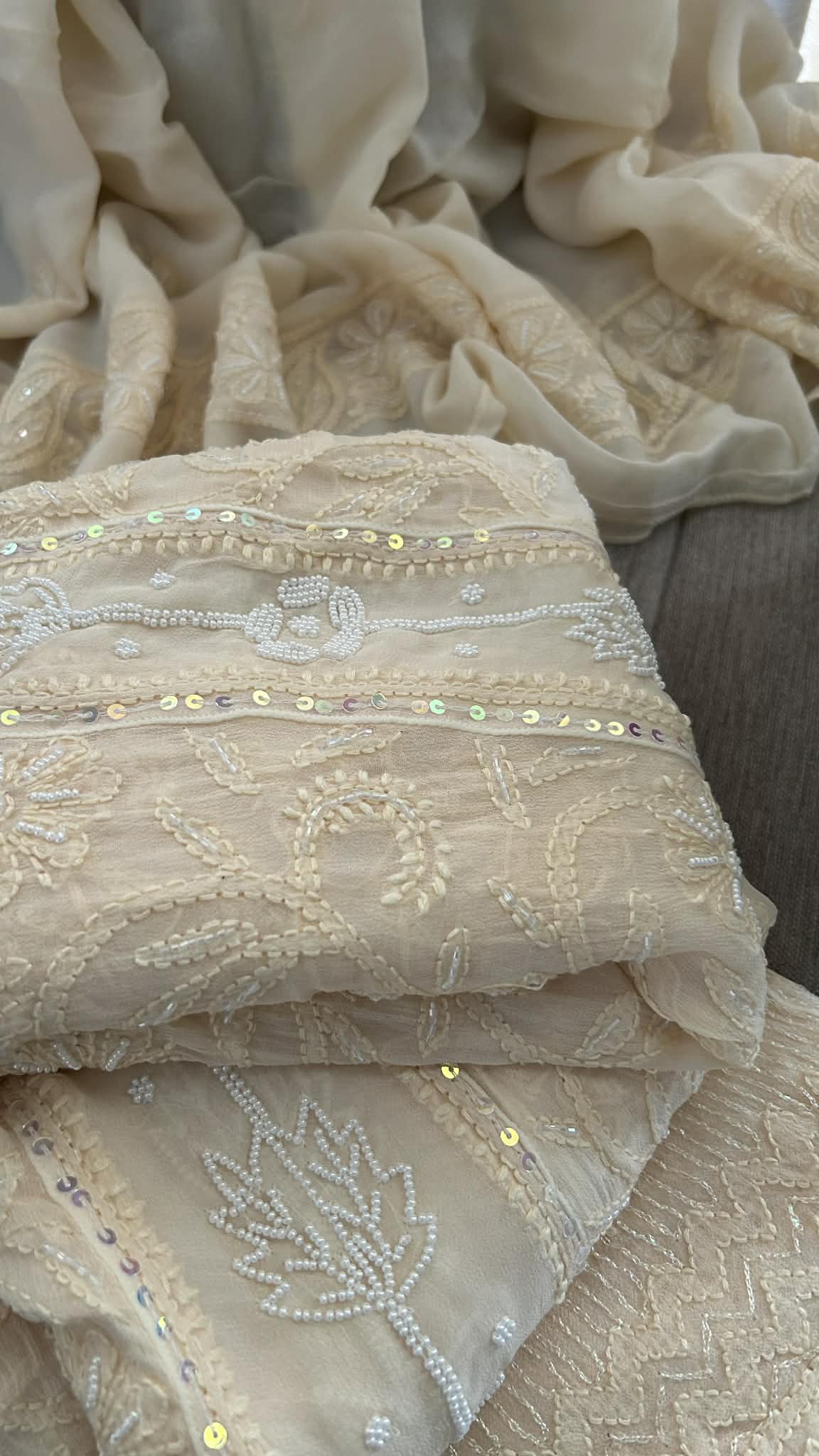 Beige Pearl Chikankari Anarkali Suit