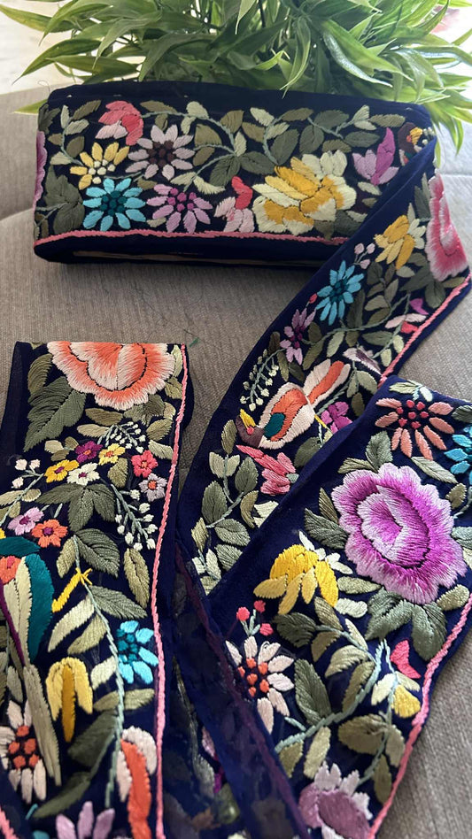 Designer Navy Multicolour Parsi Gara Border