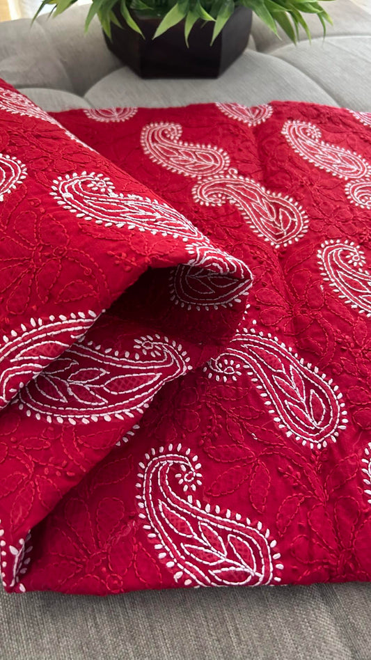 Red Cotton Chikankari Kurti Fabric (Kurti Fabric)