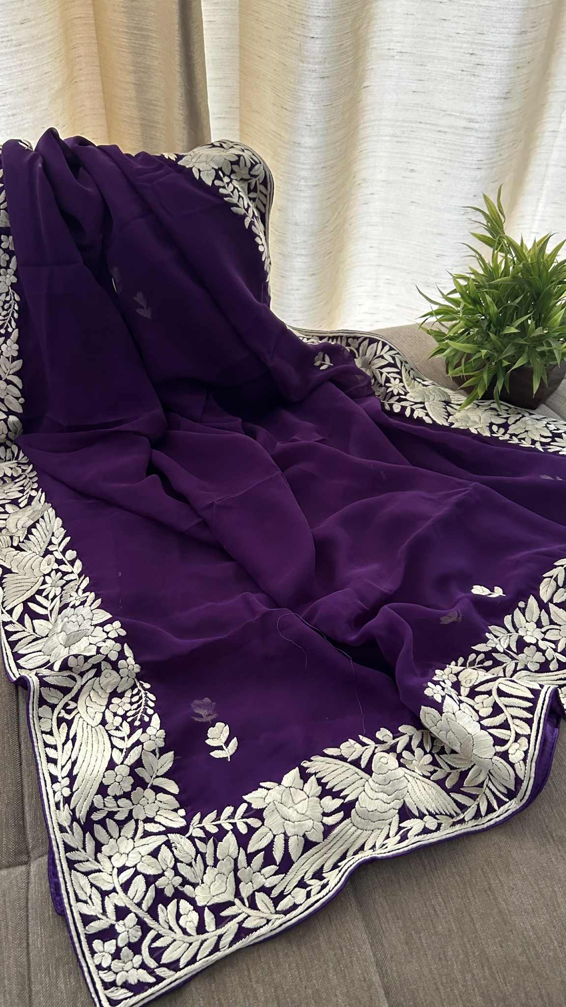 Ivory & Purple Parsi Gara Dupatta