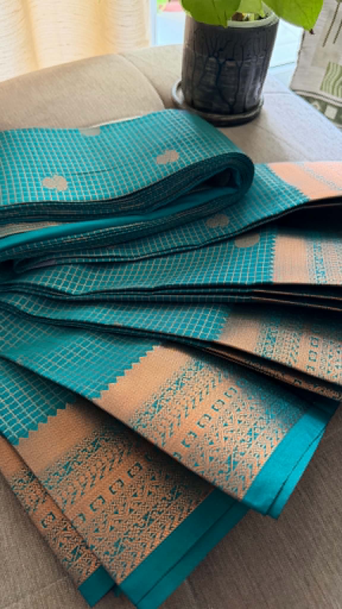 Designer Turquoise Checked Silk Saree