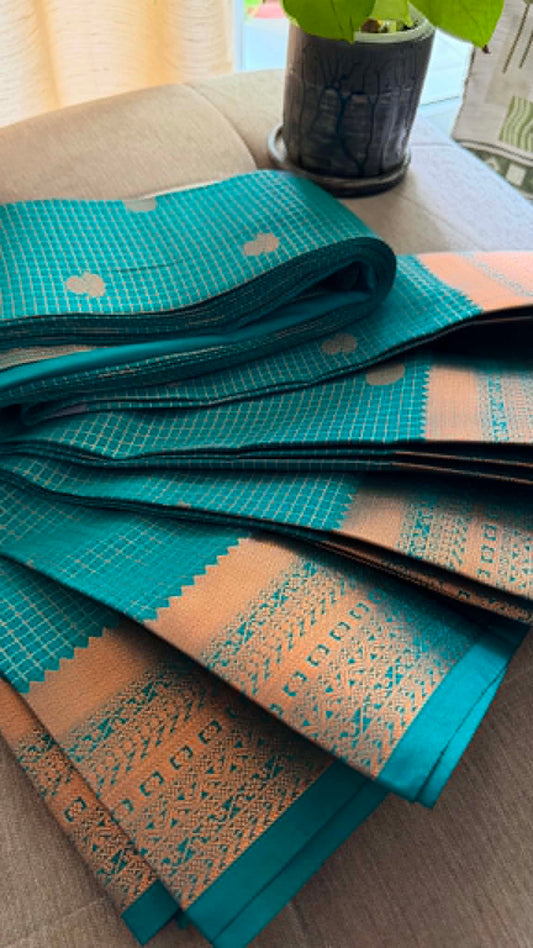 Designer Turquoise Checked Silk Saree