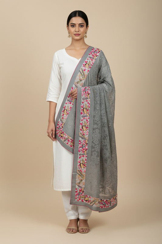 Grey Chikankari French Knot Hand Embroidered Dupatta