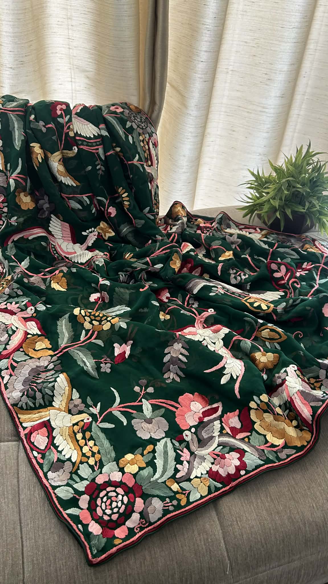 Emerald Green Multicolour Parsi Gara Dupatta