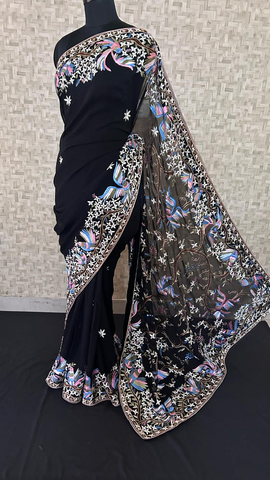 Pre Order Black & Multicolour Parsi Gara Saree- Pure Georgette