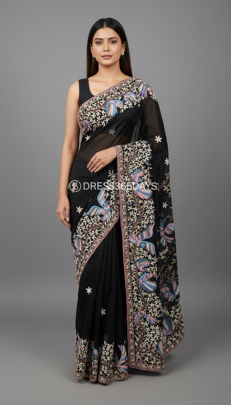 Pre Order Black & Multicolour Parsi Gara Saree- Pure Georgette