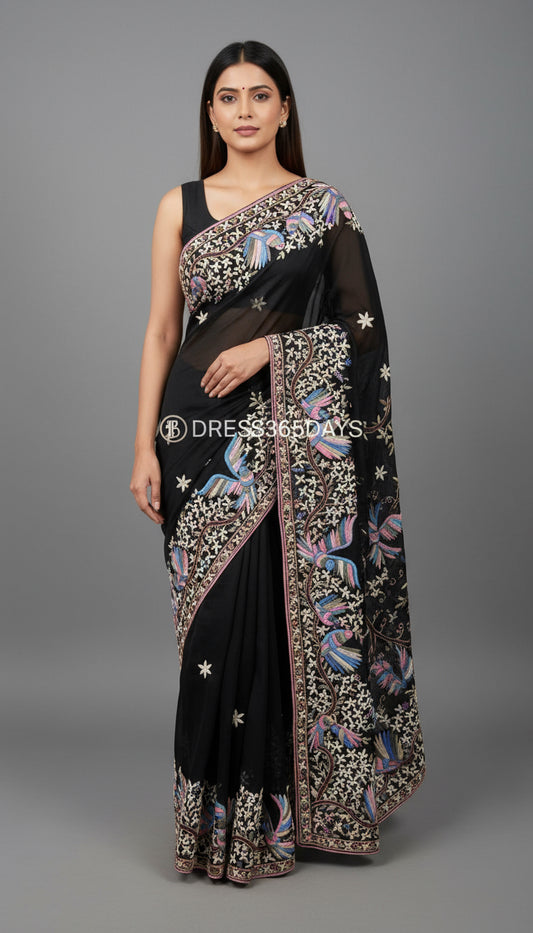 Pre Order Black & Multicolour Parsi Gara Saree- Pure Georgette