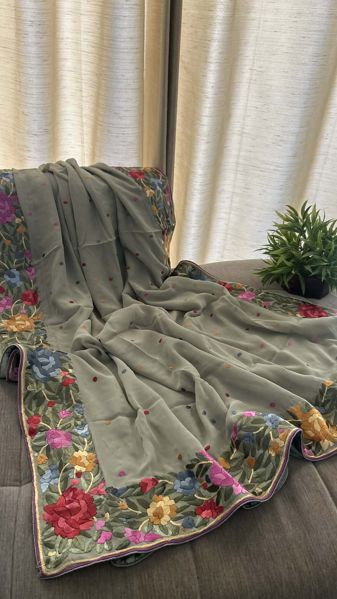 Designer Sage Green Parsi Gara Dupatta