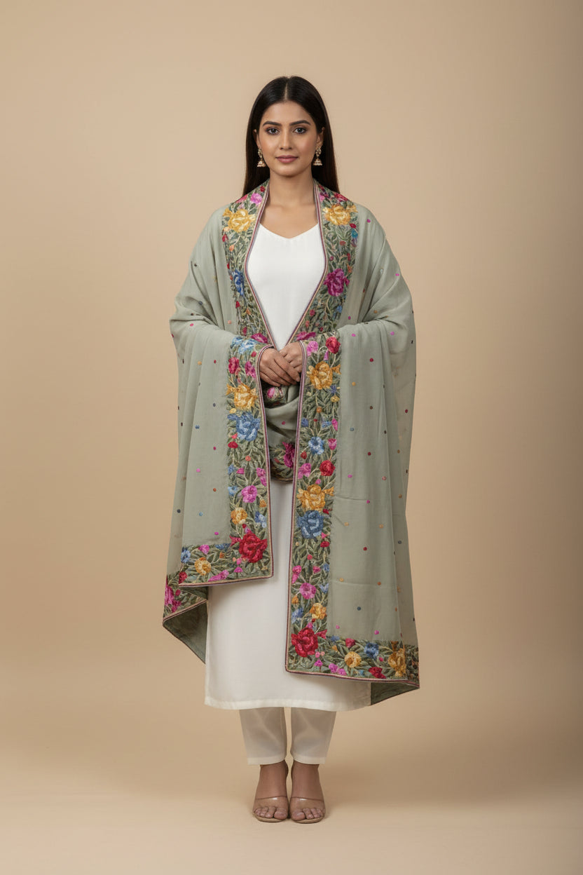 Designer Sage Green Parsi Gara Dupatta