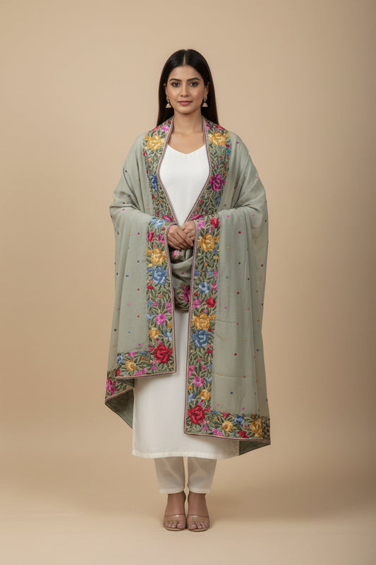Designer Sage Green Parsi Gara Dupatta