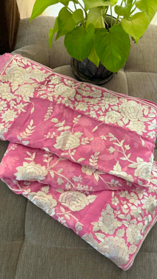 Elegant Pink & Ivory Parsi Gara Dupatta