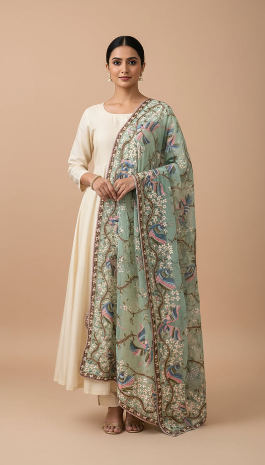 Pre Order Mint Green Parsi Gara Dupatta
