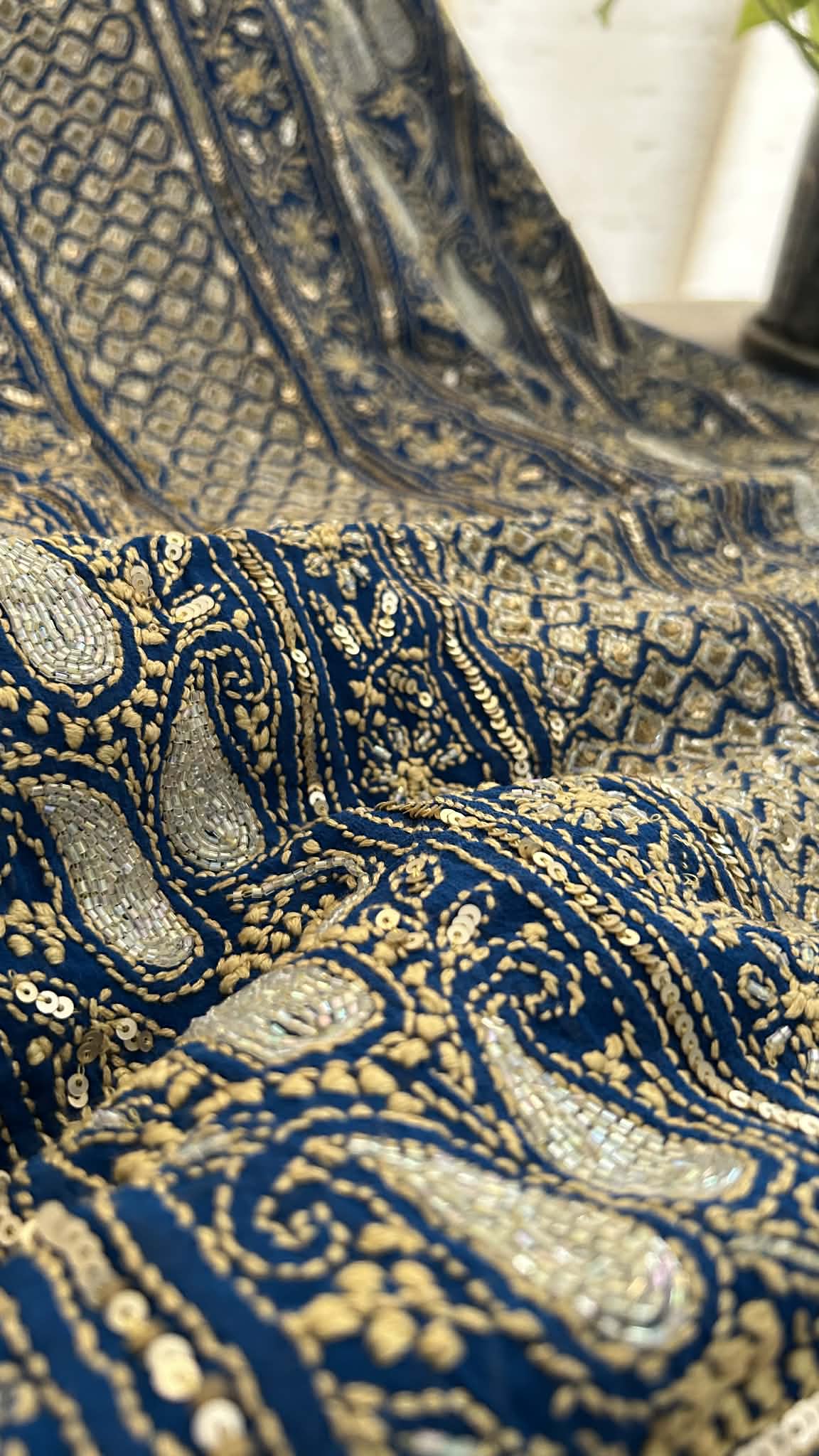 Blue Masterpiece Cut Dana Sequin Chikankari Suit (Kurta & Dupatta)