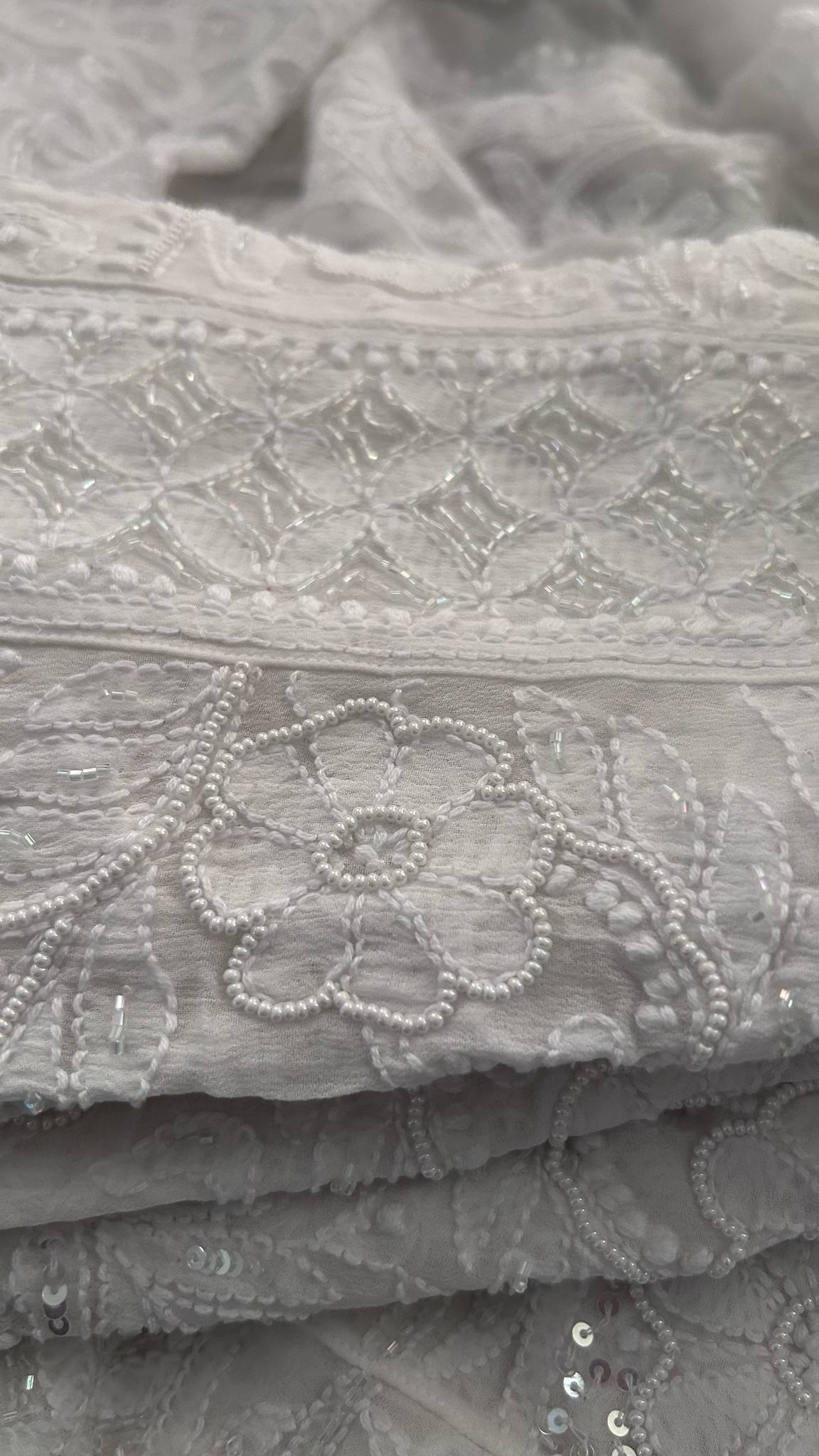 White Cut Dana Pearl Sequin Chikankari Anarkali Suit