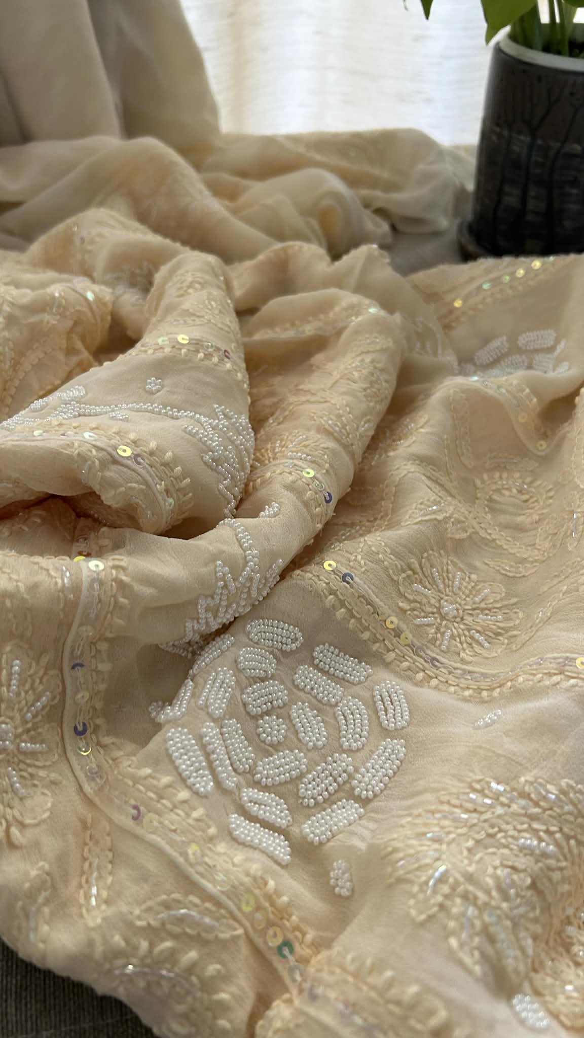 Beige Pearl Chikankari Anarkali Suit