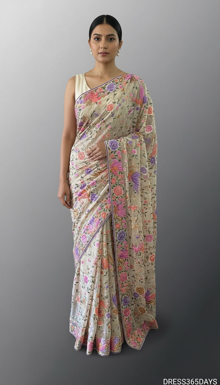 Pre Order Exquisite Sand Beige Multicolor Parsi Gara Saree