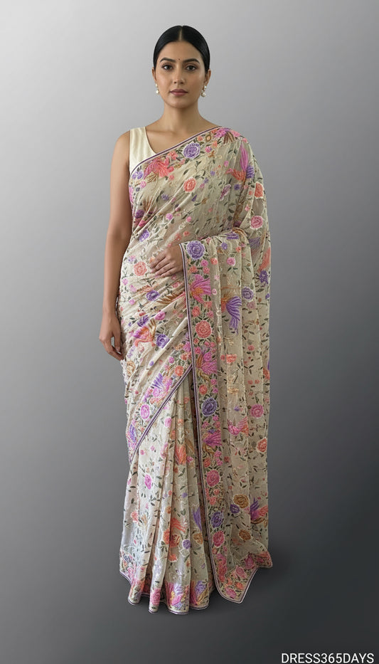 Pre Order Exquisite Sand Beige Multicolor Parsi Gara Saree
