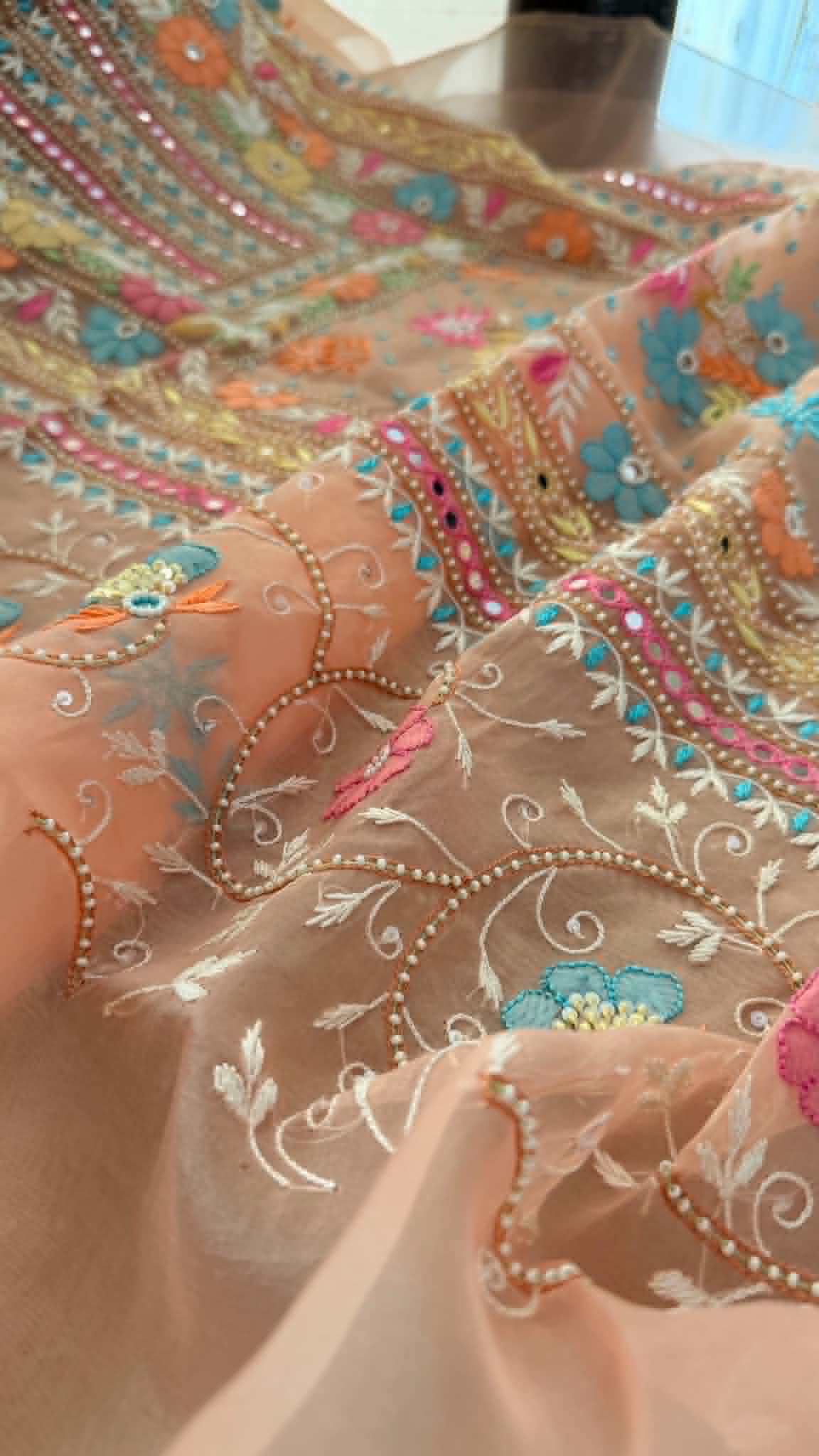 Luxury Pearl Handcrafted Organza Chikankari Suit- Peach