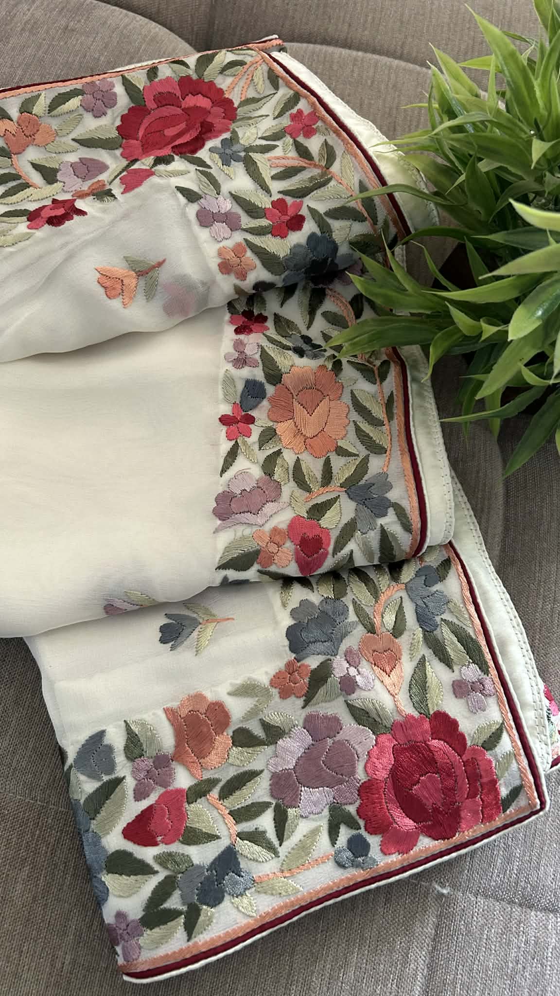 Designer Ivory White Parsi Gara Dupatta