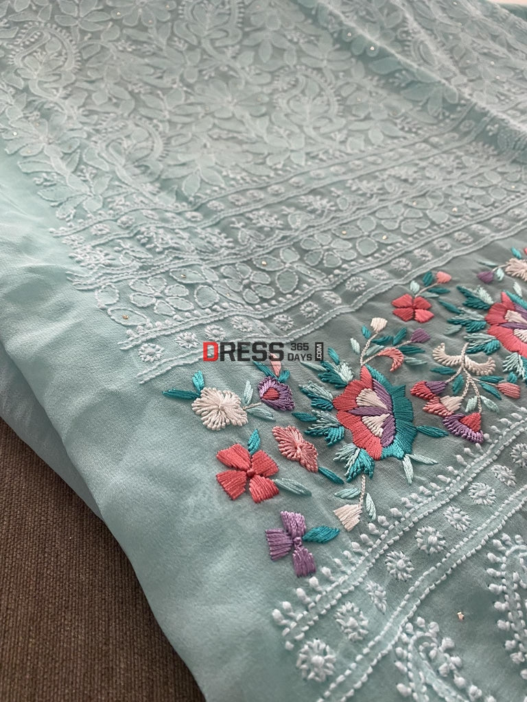 Aqua Green Chikankari Parsi Gara Daaman Suit Suits