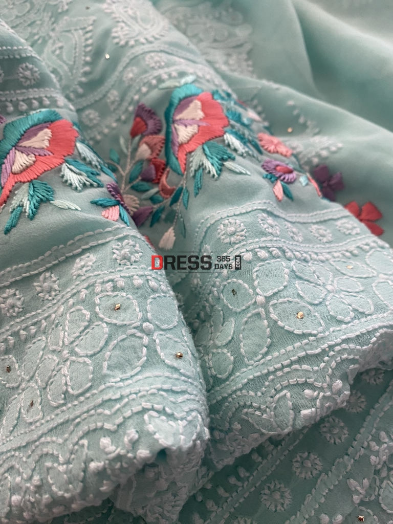 Aqua Green Chikankari Parsi Gara Daaman Suit Suits