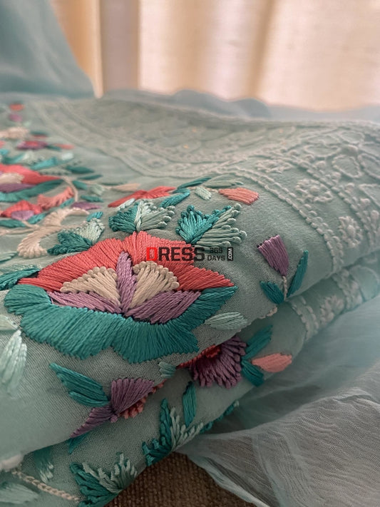 Aqua Green Chikankari Parsi Gara Daaman Suit Suits