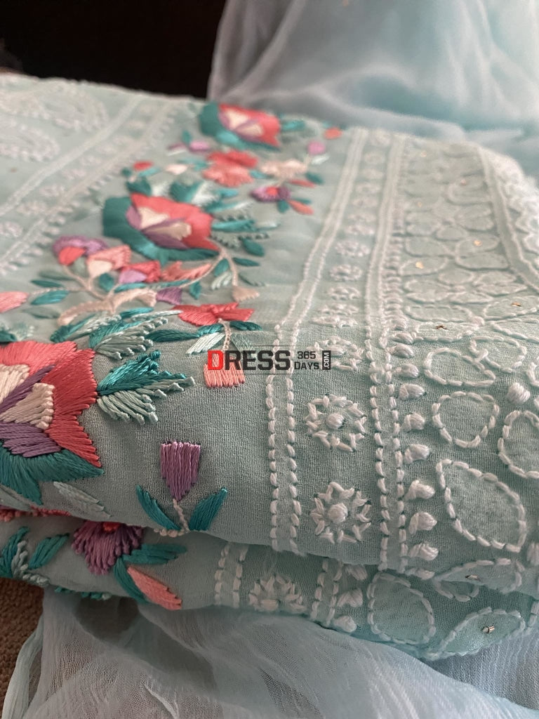 Aqua Green Chikankari Parsi Gara Daaman Suit Suits