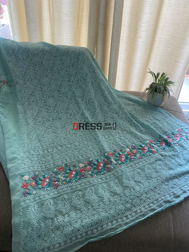 Aqua Green Chikankari Parsi Gara Daaman Suit Suits