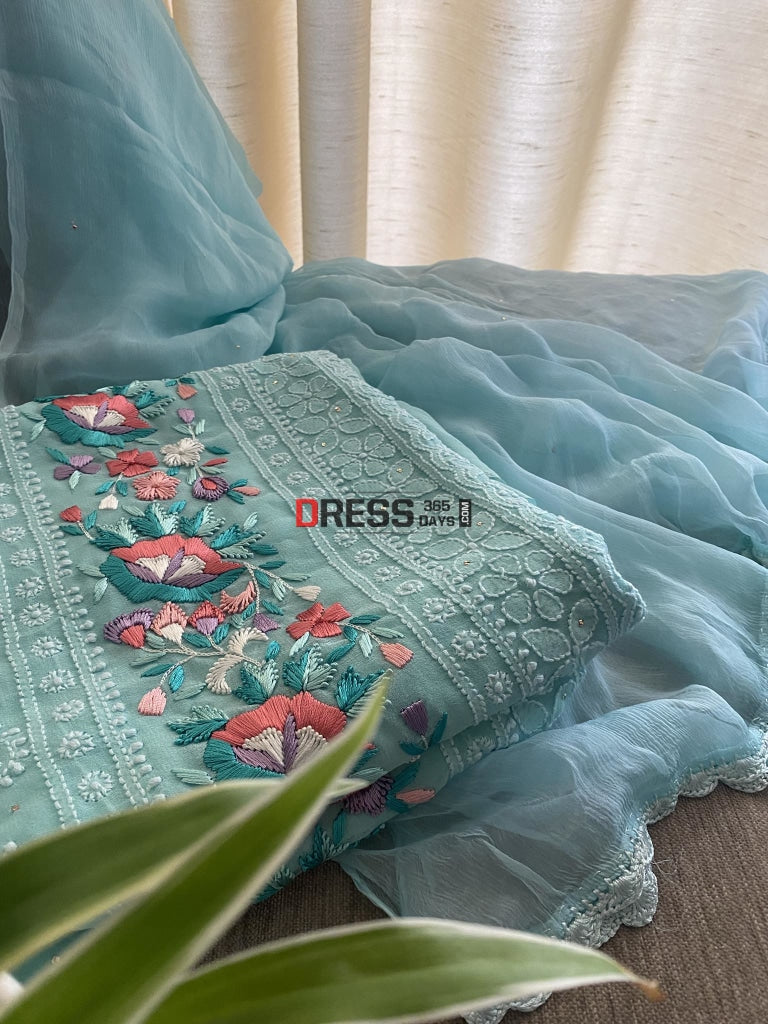 Aqua Green Chikankari Parsi Gara Daaman Suit Suits