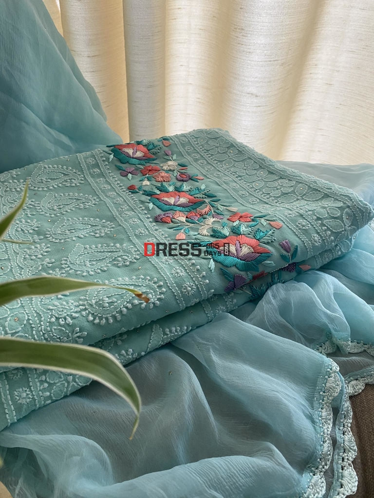 Aqua Green Chikankari Parsi Gara Daaman Suit Suits