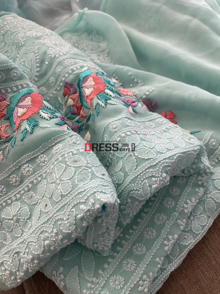 Aqua Green Chikankari Parsi Gara Daaman Suit Suits