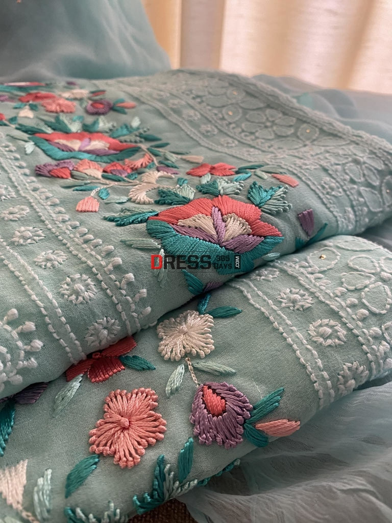 Aqua Green Chikankari Parsi Gara Daaman Suit Suits