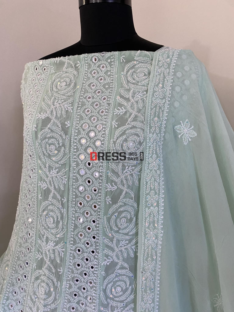 Aqua Green Mirrors & Pearl Anarkali Suit Chikankari