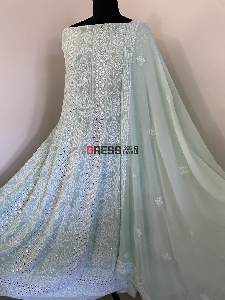 Aqua Green Mirrors & Pearl Anarkali Suit Chikankari