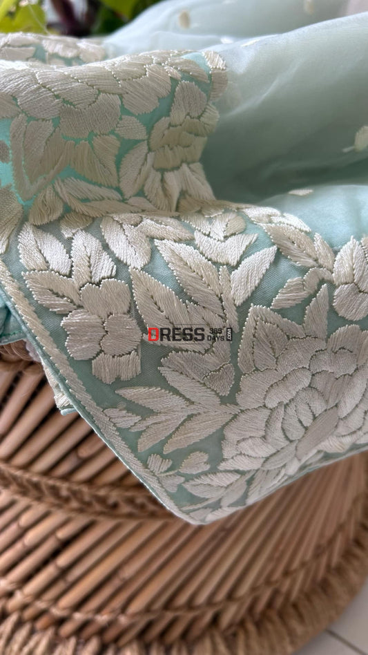 Aqua Green Organza Parsi Gara Dupatta