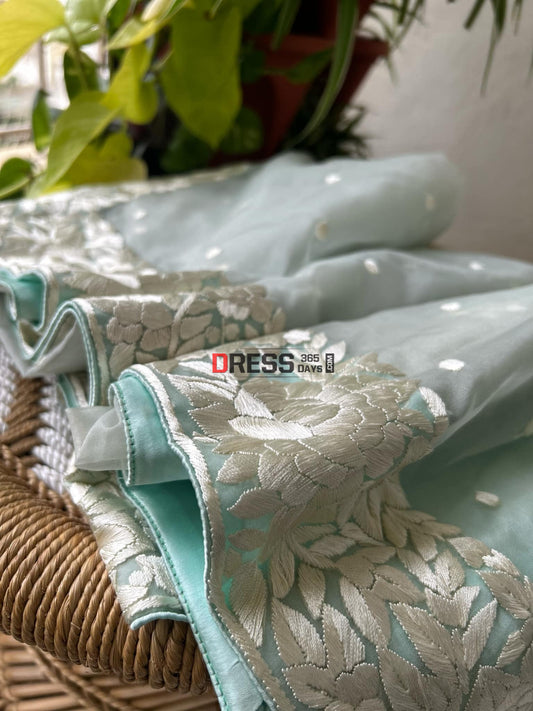 Aqua Green Organza Parsi Gara Dupatta