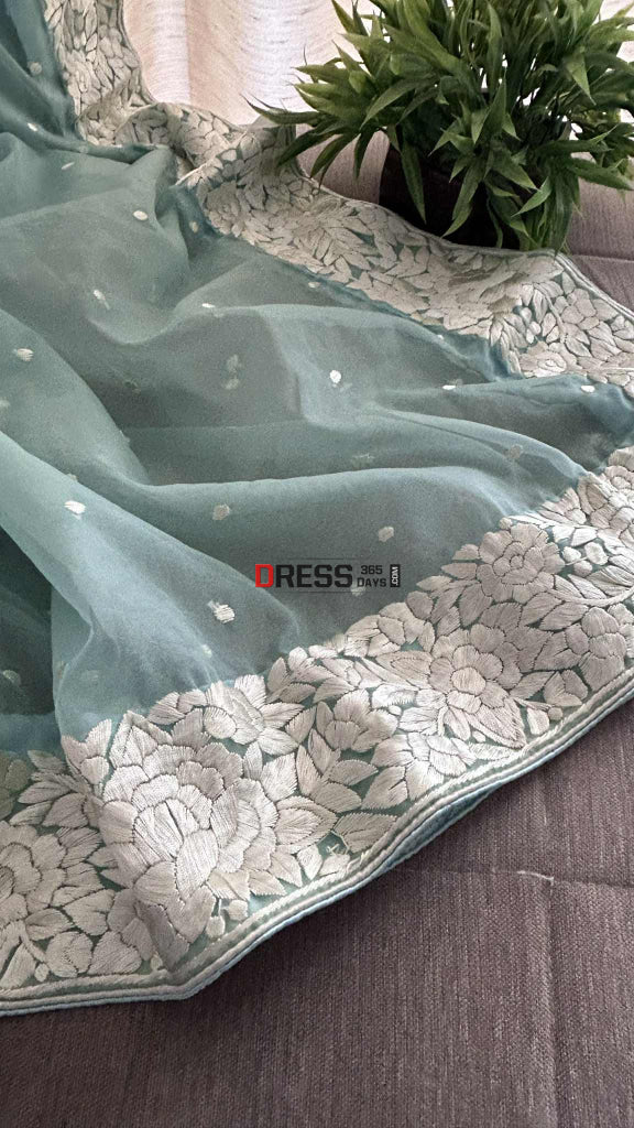 Aqua Green Organza Parsi Gara Hand Embroidered Dupatta Parsi Gara Dupatta