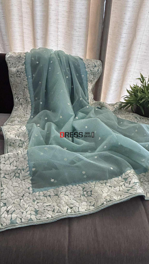 Aqua Green Organza Parsi Gara Hand Embroidered Dupatta Parsi Gara Dupatta