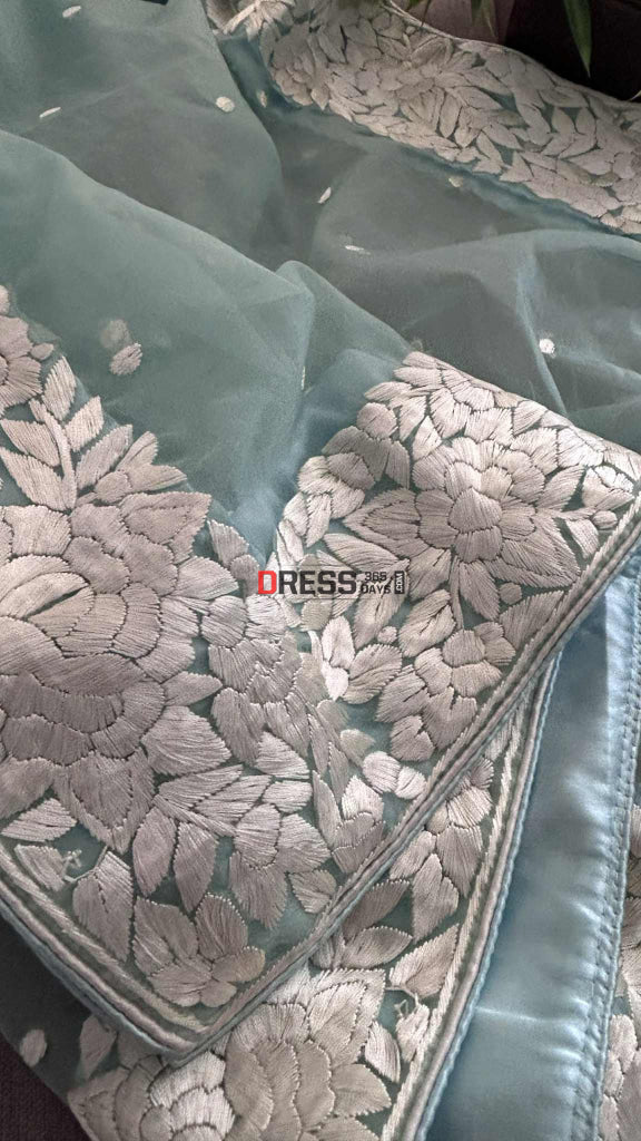 Aqua Green Organza Parsi Gara Hand Embroidered Dupatta Parsi Gara Dupatta