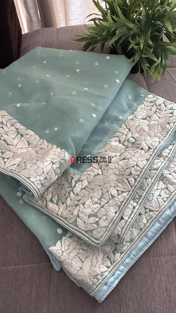 Aqua Green Organza Parsi Gara Hand Embroidered Dupatta Parsi Gara Dupatta