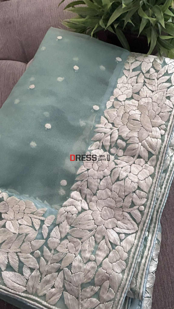 Aqua Green Organza Parsi Gara Hand Embroidered Dupatta Parsi Gara Dupatta