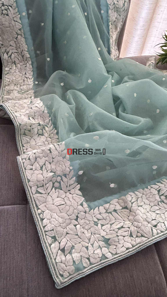 Aqua Green Organza Parsi Gara Hand Embroidered Dupatta Parsi Gara Dupatta