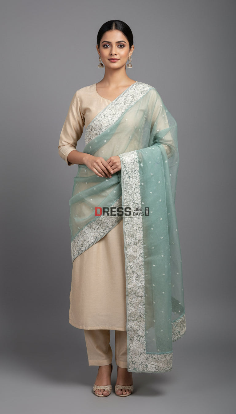 Aqua Green Organza Parsi Gara Hand Embroidered Dupatta