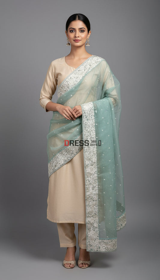 Aqua Green Organza Parsi Gara Hand Embroidered Dupatta