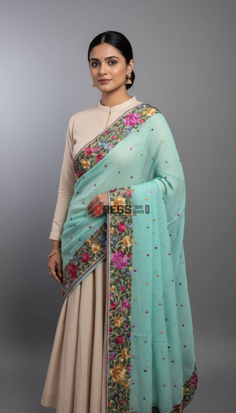Pre Order Aqua Green Parsi Gara Dupatta