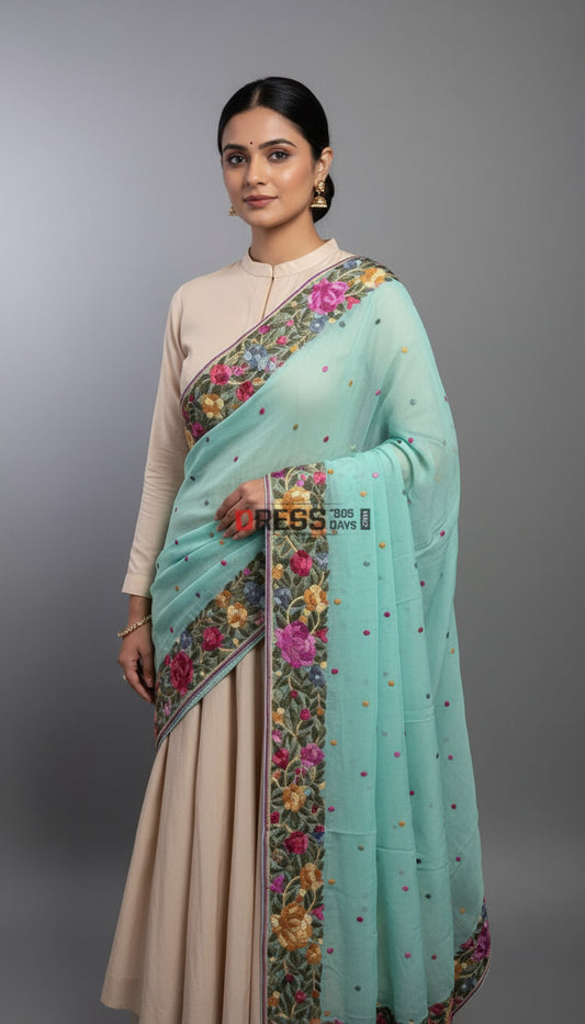 Pre Order Aqua Green Parsi Gara Dupatta