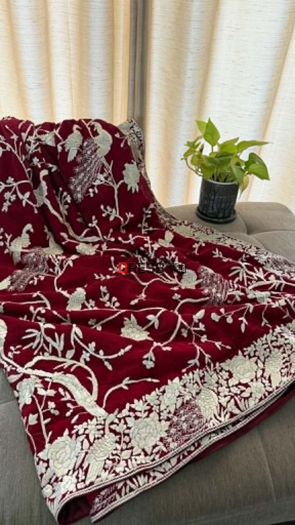 Artisanal Maroon & Ivory Parsi Gara Saree - Parsi Gara Saree
