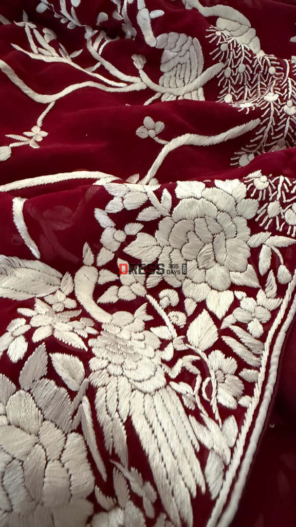 Artisanal Maroon & Ivory Parsi Gara Saree - Parsi Gara Saree